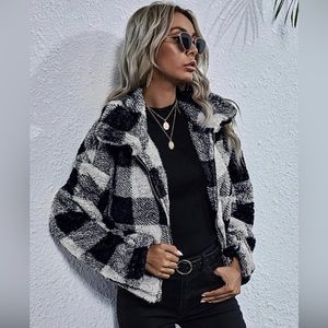 Plaid Print Zip Up Drop Shoulder Teddy Jacket